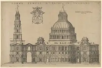 Projet d'Antonio da Sangallo pour Saint-Pierre, plan de la façade étendu à gauche avec une tour, d'après Antonio Abaco (1540–1549, Metropolitan Museum of Art).