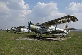 Vue sur les anciens Antonov An-2 stationnés à l'aéroport en avril 2009.