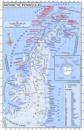 (en) Carte de la péninsule Antarctique permettant de localiser la côte d'English au sud-ouest de la terre de Palmer.