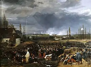 Peinture à l'huile figurant le siège de la citadelle d'Anvers. Au centre de la toile, les deux fils aînés du roi Louis-Philippe, le duc de Nemours en uniforme rouge et le duc d'Orléans à sa droite en compagnie du maréchal Gérard, le ministre de la guerre.