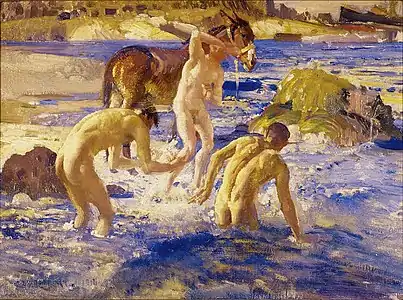 Anzacs Bathing in the Sea, par George Washington Lambert - ses peintures de la bataille de Gallipoli sont une partie de la mythologie nationale de l'Australie.