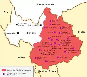 Carte géographique montrant les limites de l'appellation beaufort dans le département de la Savoie. La zone délimitée est colorée en rose foncé sur fond clair. Les principaux villages sont situés et au nord, la délimitation déborde un peu dur le département de la Haute-Savoie. (val d'Arly)