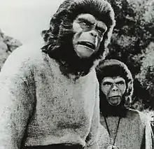 Deux hommes déguisés en chimpanzés.