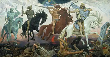 Quatre personnages à cheval foulent des corps humains torturés ; le cavalier au premier plan, à droite, monte un cheval blanc, porte une couronne et tient un arc bandé ; le second cavalier, à la gauche du premier, monte un cheval alezan, n’est vêtu que d’un pagne et tient une épée menaçante ; le troisième cavalier monte un cheval noir décharné, porte une toge et tient dans la main une balance ; le quatrième cavalier, situé le plus au fond à gauche, monte un cheval gris-bleuté, a la tête et le corps d’un squelette drapé dans une longue toge, et tient une faux.