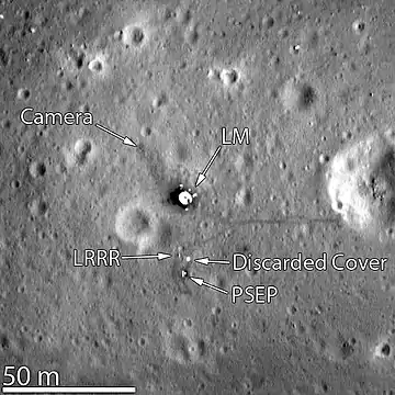 Gros plan du sol lunaire. Plusieurs inscriptions sur la photo