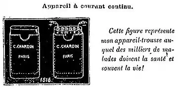 Gravure représentant le branchement des électrodes sur l'appareil délivrant le courant.