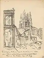 L'église après le bombardement de 1792 (dessin de Joseph-Emmanuel Van Driesten d'après le croquis de François Verly).