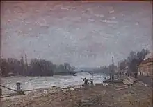 Photographie en couleur d'un tableau représentant un quai et un fleuve.