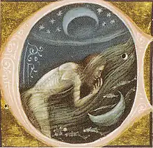 Illustration d'un homme debout penché, nu, le croissant de lune se reflète sur l'eau.