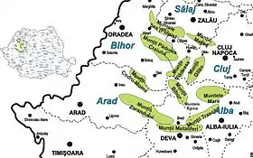 Carte de localisation des monts Codru-Moma (au centre) parmi les monts Apuseni.