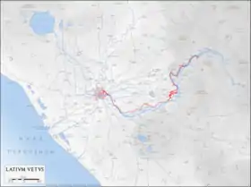 Plan du Latium antique avec l'Anio Vetus en rouge.