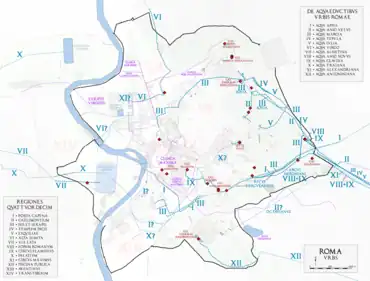 Plan de la Rome antique avec l'Aqua Tepula portant le numéro IV.