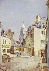 Aquarelle d'Alexandre Miniac, L'Église servannaise Sainte-Croix depuis la rue Ernest Lamort, carte postale de Saint-Servan.