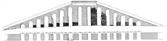 Schéma en noir et blanc, reconstituant à partir des ruines existantes (en noir) la configuration d'un réservoir placé à une grande hauteur (environ quinze mètres) entre un siphon amont et un siphon aval.