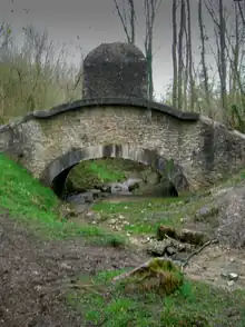 Pont et cabanon de maintenance abritant un regard et une vanne sur l'une des conduites forcées.