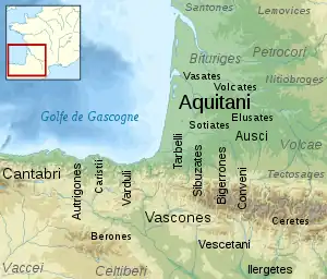 Carte du relief du sud-ouest de la France et du nord de l’Espagne et localisation des peuples connus à l’époque romaine.