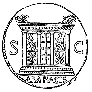 Dessin ancien d'une pièce de monnaie romaine de l'époque de Néron représentant l'autel de la Paix d'Auguste