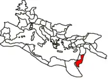 carte du monde romain dessinée en noir sur fond blanc avec une zone colorée de rouge