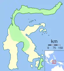 Carte de l'île de Célèbes, dont la forme ressemble à la lettre « K » dont la branche supérieure s'incurverait longuement vers l'est. L'aire de répartition de l'oiseau figure en vert sur fond blanc, essentiellement au nord, ainsi que sur une importante île située au sud-est.