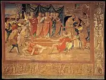 Image d'une tapisserie comportant une scène mythologique.