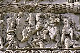 Combat de l'empereur Galère contre le Perse Narseh. Arc de Galère, Thessalonique, 299-305.