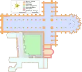 Plan en couleur d'un monastère doté d'une église très vaste et d'une cloître irrégulier.