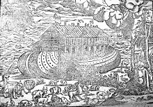 gravure montrant un navire au milieu des flots, au premier plan divers animaux