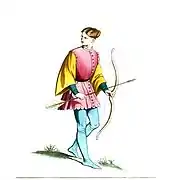 Dessin représentant un homme brun vêtu de jaune et de rose, portant un arc dans sa main au repos.
