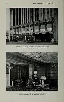 Page d'un magazine en noir et blanc montrant en haut la photo légendée de la façade et en dessous un salon avec une table et une lampe dans les années 1920.