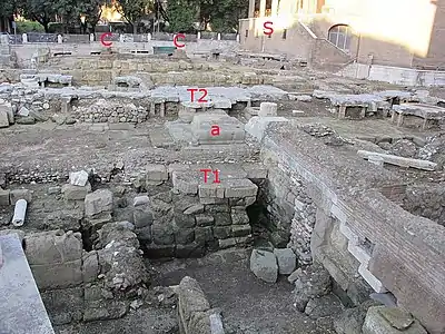 Aire du temple républicain, vue depuis le sud.T1 : terrasse en tufa : autel en tufT2 : terrasse en travertinC : murs de la cellaS : église Sant'Omobono, sur la cella du temple B.