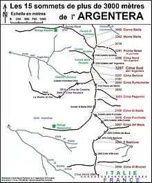 Schéma du chaînon de l'Argentera, sur la partie italienne du massif. Ce chaînon comporte une large part des sommets dépassant 3 000 m.