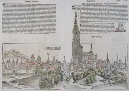 photo d'un livre de 1493 montrant une gravure des murs de la ville