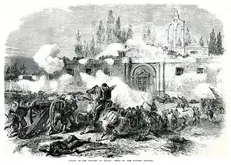 gravure noir et blanc : des soldats devant un bâtiment religieux ; un cheval cabré