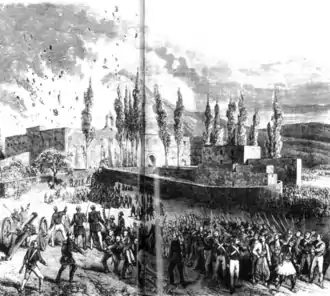 gravure noir et blanc : un bâtiment explose ; des soldats au premier plan