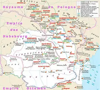 Carte des principales implantations arméniennes en Roumanie d'après Claude Mutafian. Suceava est au centre-nord de la carte.