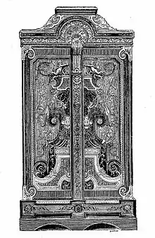 Armoire en ébène avec marqueterie d'André-Charles Boulle, eau-forte typographique dans "Histoire du mobilier".