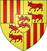Blason de Foix-Béarn-Bigorre :Écartelé en 1er et 4e d'or aux trois pals de gueules, en 2e et 3e d'or aux deux vaches de gueules, accornées, colletées et clarinées d'azur, passant l'une sur l'autre et au centre d'or à deux lions léopardés de gueules armés et lampassés d'azur l'un sur l'autre.