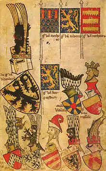 Marche de Flandre dans l'armorial de Gelre. La bannière des comtes d'Artois porte le lambel primitif typique : la traverse couvre tout l'écu et les pendants sont rectangulaires.