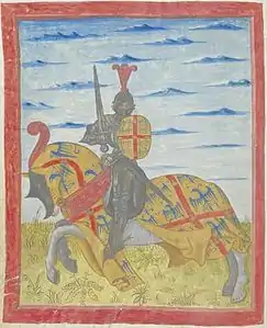 Laval, enluminure sur parchemin, Armorial de Gilles Le Bouvier, dit Berry, héraut d'armes du roi Charles VII, ms. 4985, fo 78 vo, XVe siècle, BnF.