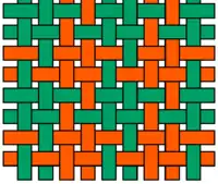 Schéma de l'armure minimale d'un pied de poule (croisant des trames horizontales ou verticales alternant chacune 2 fils rouges puis 2 fils verts, avec un croisement des trames à chaque fil). Ici les fils de même couleur parallèles ou croisés sont visiblement séparés.