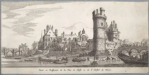 Israël Silvestre, Veues et Perspective de la Tour de Nesle et l'Hostel de Nevers, gravure, 1648, Bibliothèque de l'université de Heidelberg.