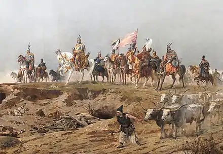 peinture couleur d'une troupe de guerriers à cheval. En bas à droite, un vacher guide un attelage de quatre bovins gris à longue cornes.