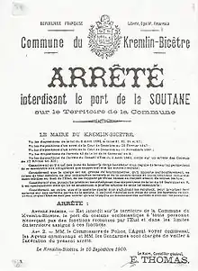 Arrêté municipal du 10 septembre 1900 interdisant le port de la soutane