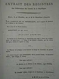 Arrêté consulaire du 27 messidor an X (16 juillet 1802), version imprimée localement diffusée par la circulaire du préfet colonial de la Guadeloupe du 6 prairial an X aux commissaires des quartiers.