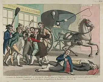 Cadoudal abat l'inspecteur de police Étienne Buffet, première victime du devoir (9 mars 1804).