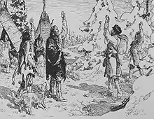 Arrivée de Pierre-Esprit Radisson dans un camp amérindien en 1660, dessin.