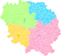 Les arrondissements en 1800 : Aubusson (rose), Bourganeuf (jaune), Boussac (bleu), Guéret (vert)