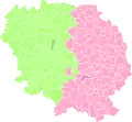 Les arrondissements depuis 2017 : Aubusson (rose), Guéret (vert)