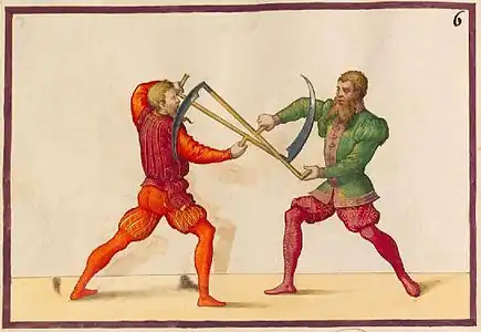 Exemples de technique de combat à la faux agricole dans le De arte athletica de Paulus Hector Mair.