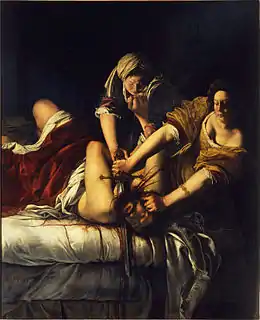 Artemisia Gentileschi, Judith décapitant Holopherne, musée des Offices. La toile est souvent interprétée comme une catharsis de l'artiste pour conjurer le viol commis par son maître Agostino Tassi
